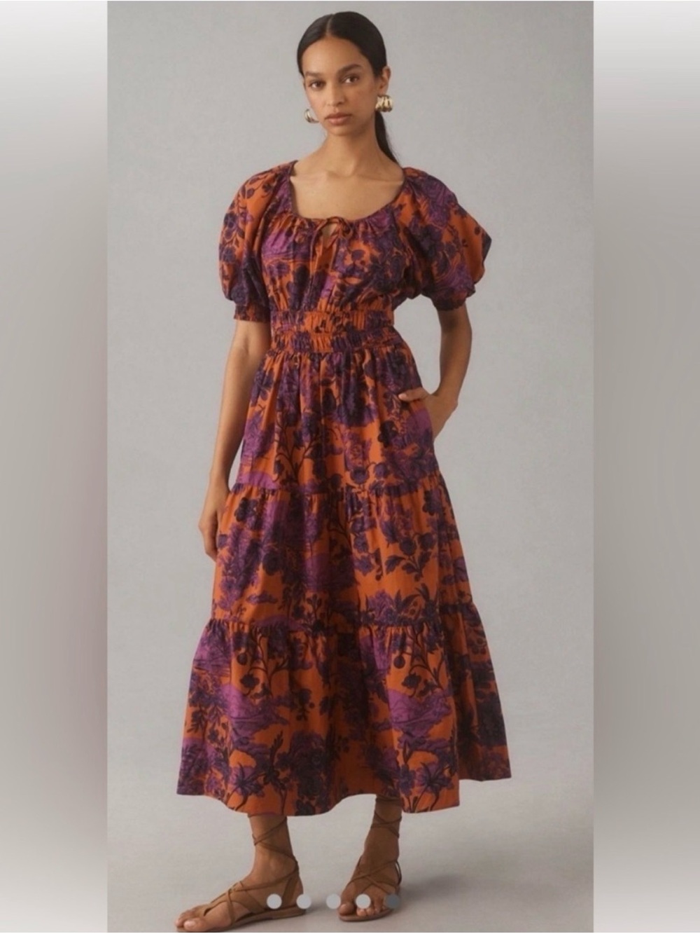 Anthropologie Maeve Floral Puff Sleeve Midi Dress Orange Purple Size Small - Picture 2 of 8